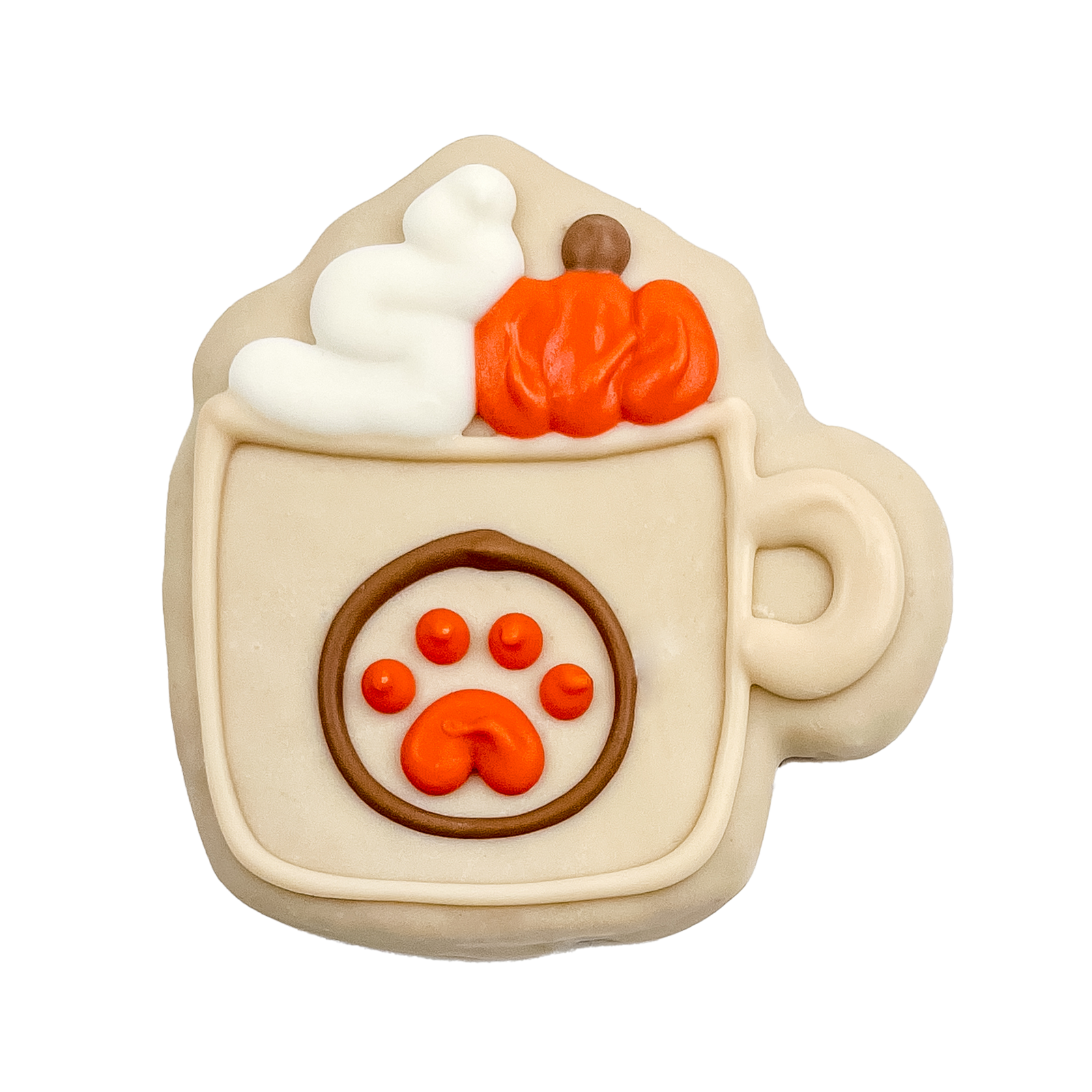 Decorative cookie shaped like a hot chocolate mug with pumpkins and a paw print on a white background